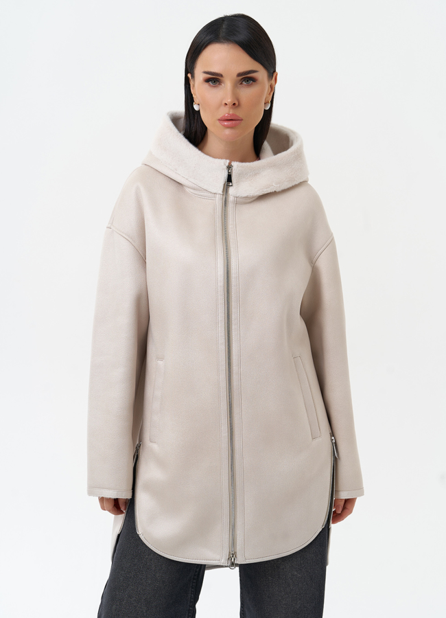 Женская дубленка из эко замши с капюшоном модель № 30205 универмаг малина