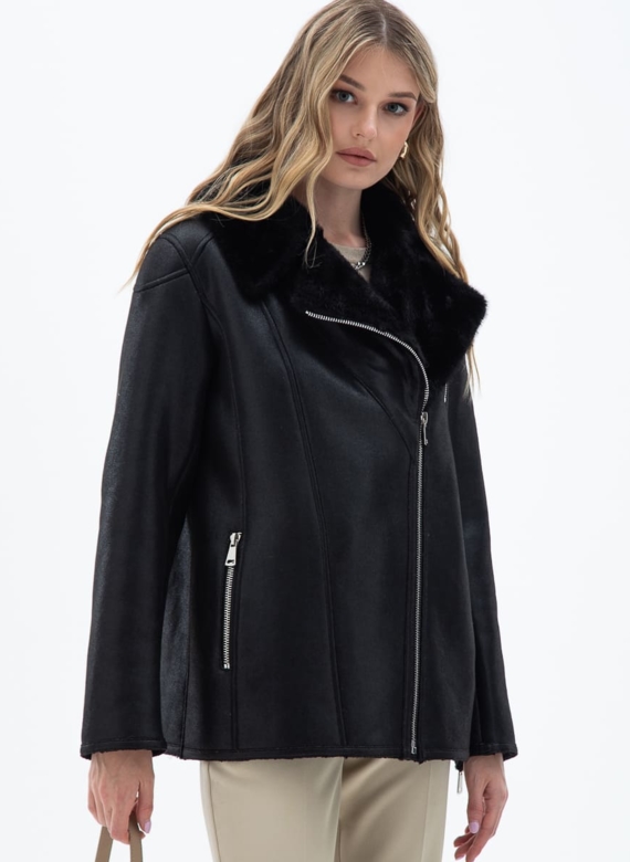 Женская дубленка из эко кожи с отделкой из эко меха