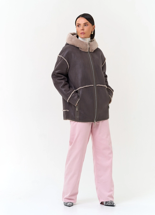 Женская дубленка из эко замши модель № 33893 универмаг малина