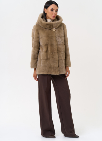 Поперечная норковая шуба с капюшоном