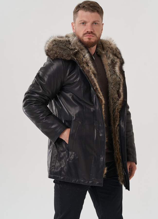 Мужская куртка с капюшоном на мехе из волка модель № 82264 в рассрочку