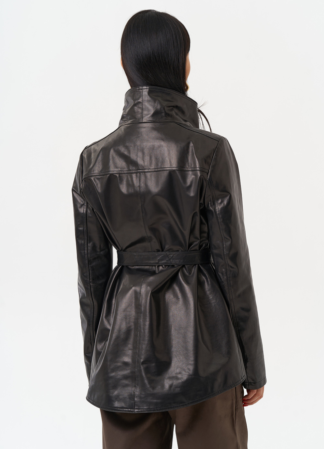 Удлиненная куртка из натуральной кожи с поясом модель № 10703 универмаг малина