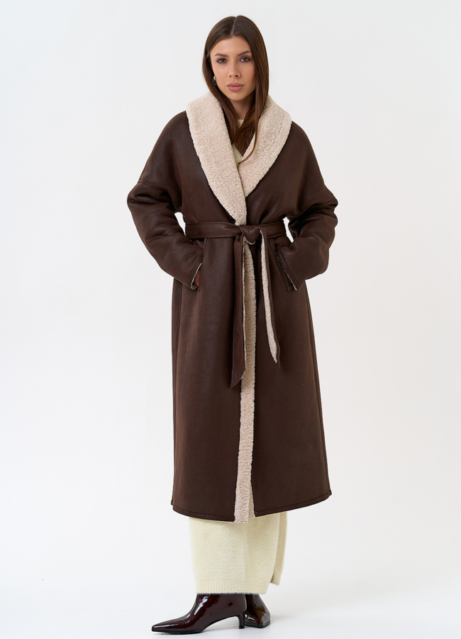 Женская двухсторонняя дубленка из эко замши с воротником шаль модель № 31437 в рассрочку