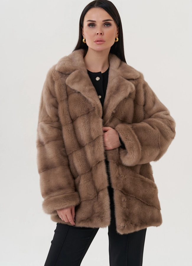 Шуба из норки с английским воротником  модель № 30689 меха малина