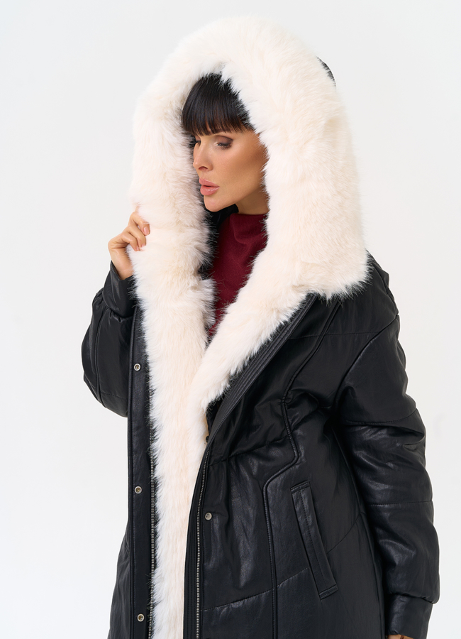 Женский пуховик из эко кожи со съемным эко мехом модель № 30718 универмаг малина