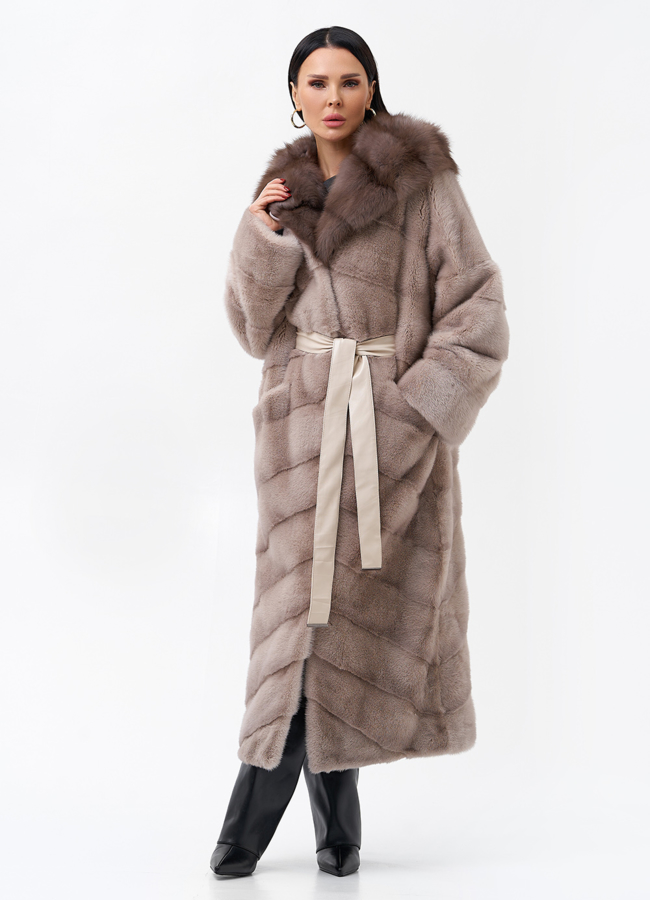 фото Длинная шуба из норки с капюшоном модель № 28128