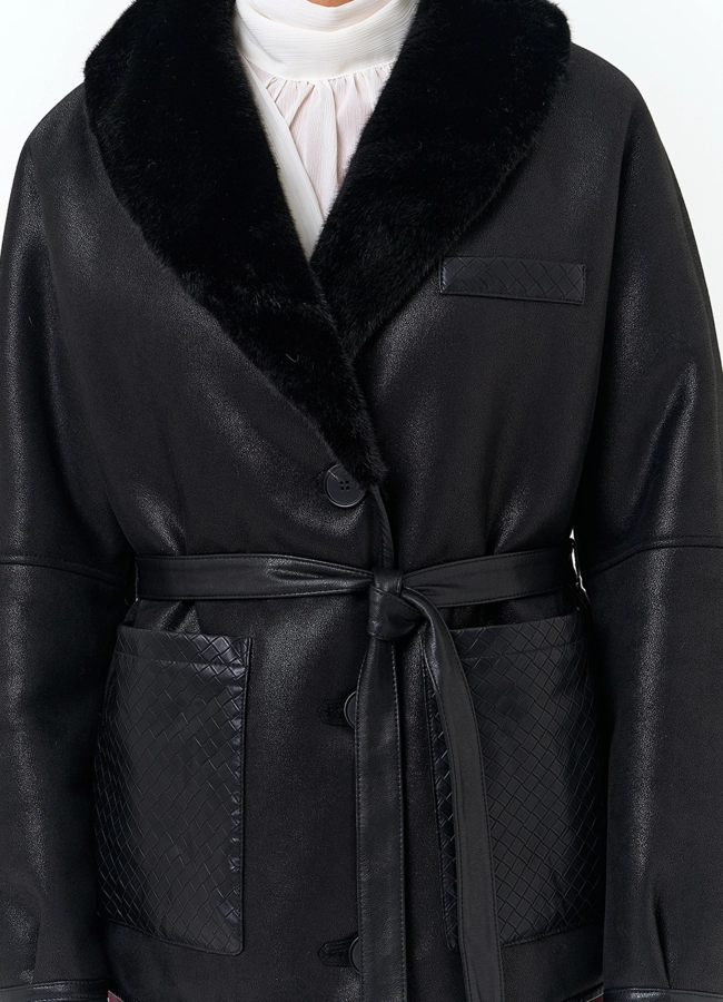 Женская дубленка из эко замши с поясом модель № 33898 универмаг малина