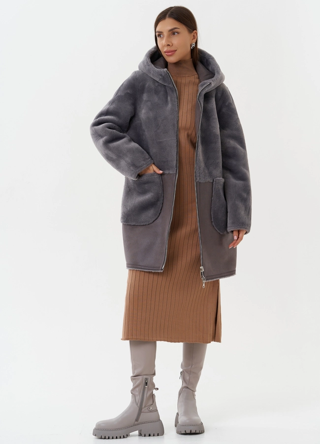 Двухсторонняя эко дубленка с капюшоном модель № 27764 универмаг малина