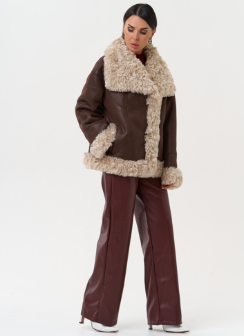 Дубленка из эко замши с высоким воротником