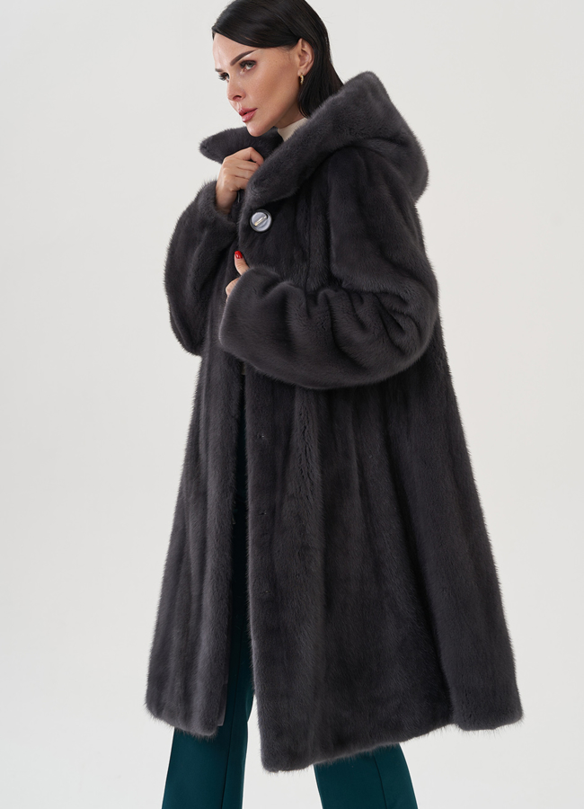 Норковая шуба годе/балетка в роспуск с капюшоном цвета графит модель № 25009 универмаг малина
