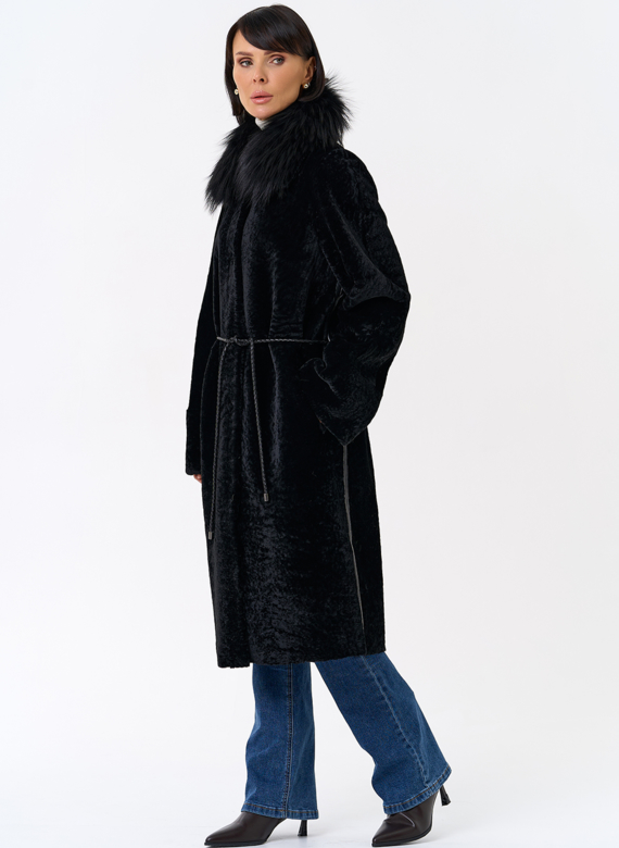 Женская двухстороняя дубленка с воротником из меха чернобурой лисы