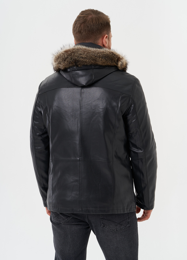 Пуховик из эко кожи с мехом енота модель № 27741 универмаг малина