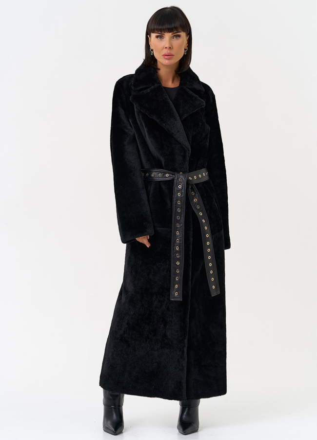 Женская натуральная дубленка с двойным поясом модель № 31612 меха малина