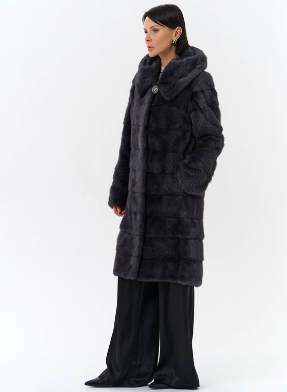Норковая шуба в цвете графит с капюшоном 