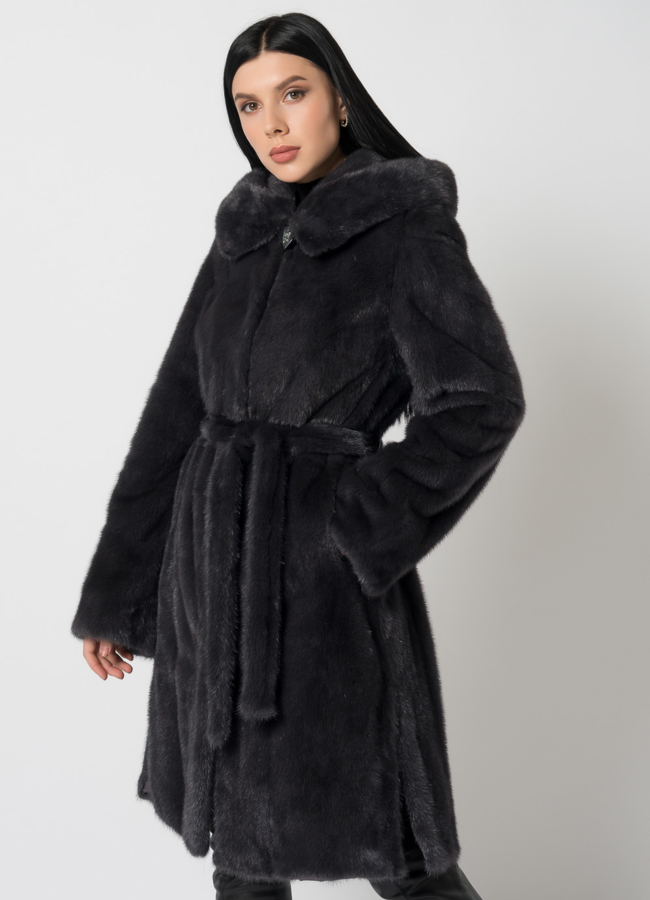 Норковая шуба с поясом модель № 31158 меха малина