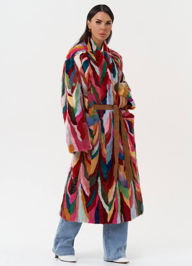 Норковая шуба в стиле пэчворк модель № 31299 меха малина