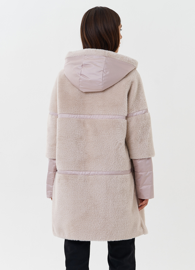 Комбинированное пальто из эко меха с капюшоном модель № 27652 универмаг малина