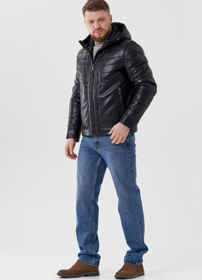 Мужская куртка из эко кожи с капюшоном  модель № 24468 в кредит