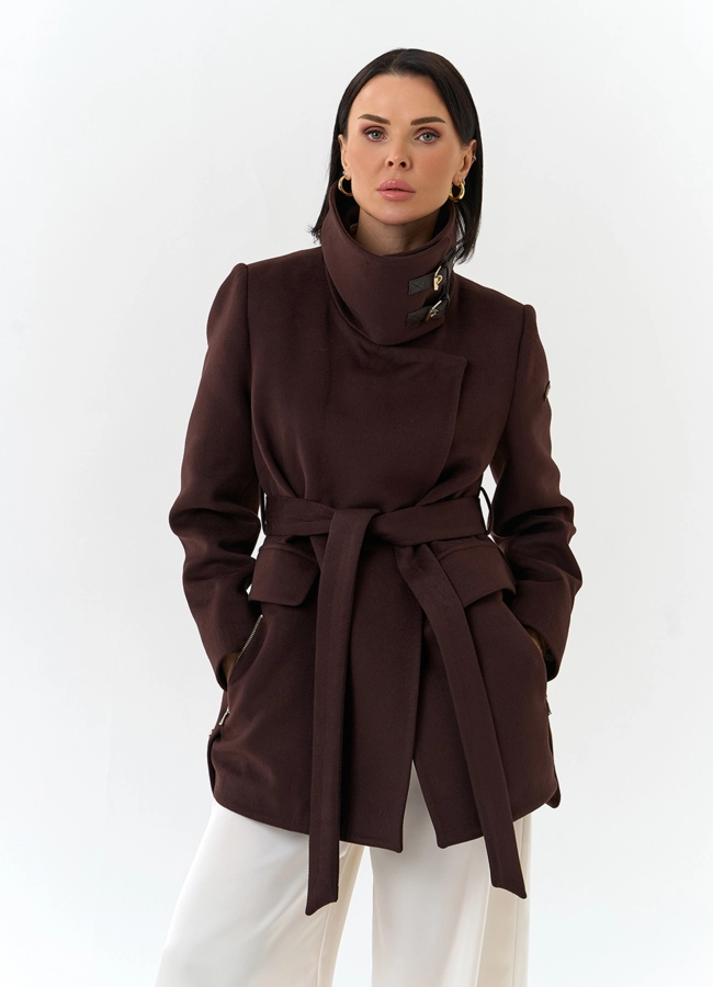 Женское укороченное пальто с воротником стойкой модель № 32553 меха малина