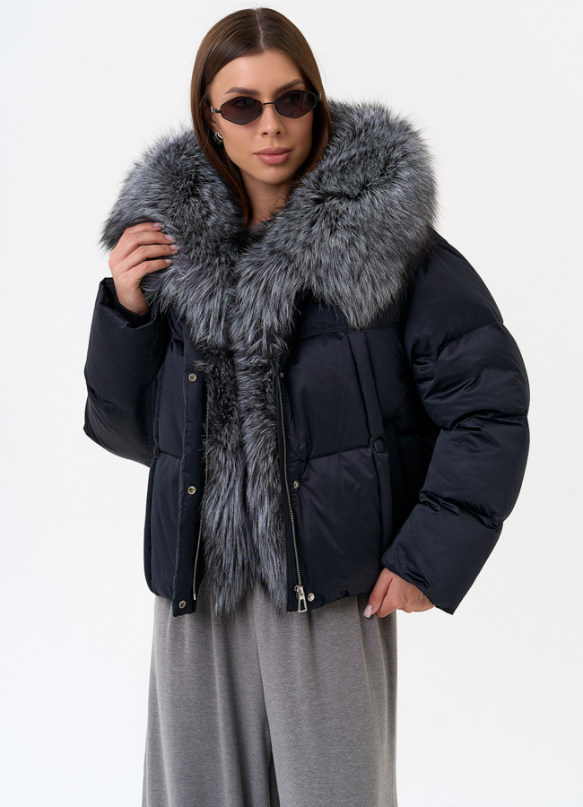 Женский пуховик с капюшоном из меха чернобурки модель № 31430 универмаг малина