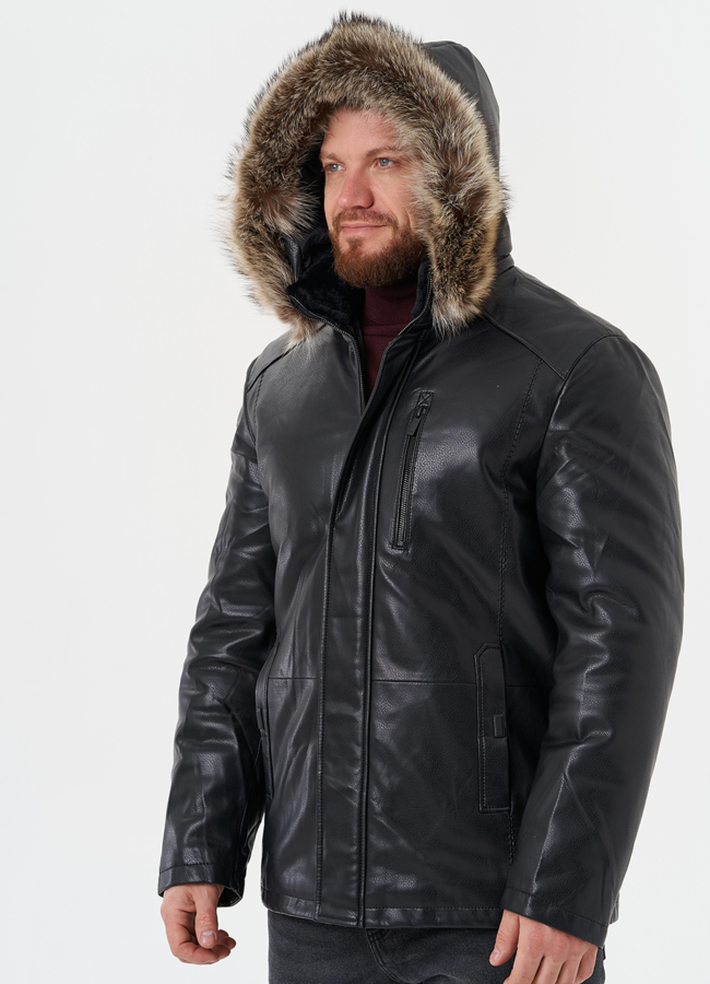 Пуховик из эко кожи с мехом енота модель № 27741 универмаг малина