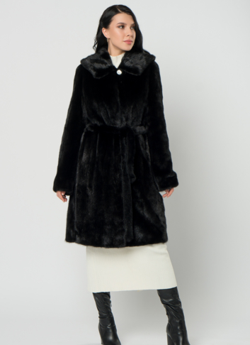 Норковая шуба с капюшоном и поясом черного цвета