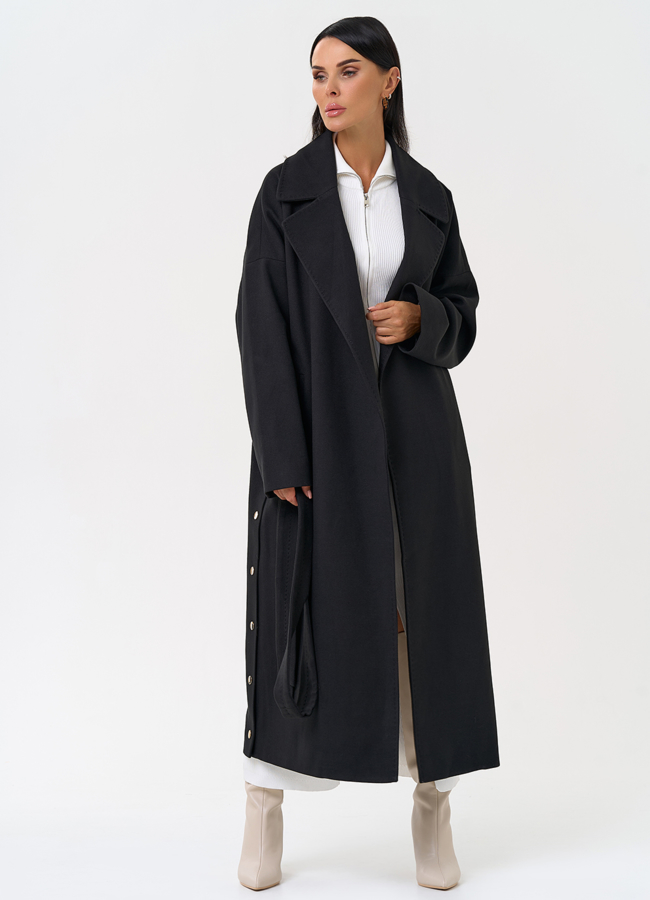 Женское пальто черного цвета с функциональными кнопками модель № 31408 универмаг малина