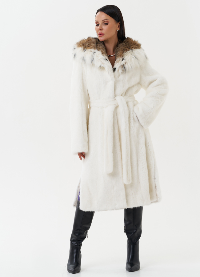 Шуба из белой  норки с капюшоном из рыси модель № 25001 универмаг малина