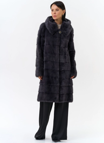 Норковая шуба в цвете графит с капюшоном 