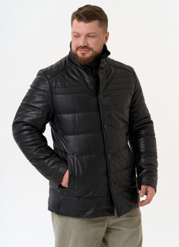 Пуховик из натуральной кожи с воротником стойкой