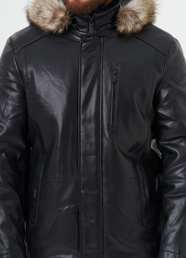 Пуховик из эко кожи с мехом енота модель № 27741 универмаг малина