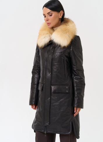 Кожаный пуховик с воротником из лисы
