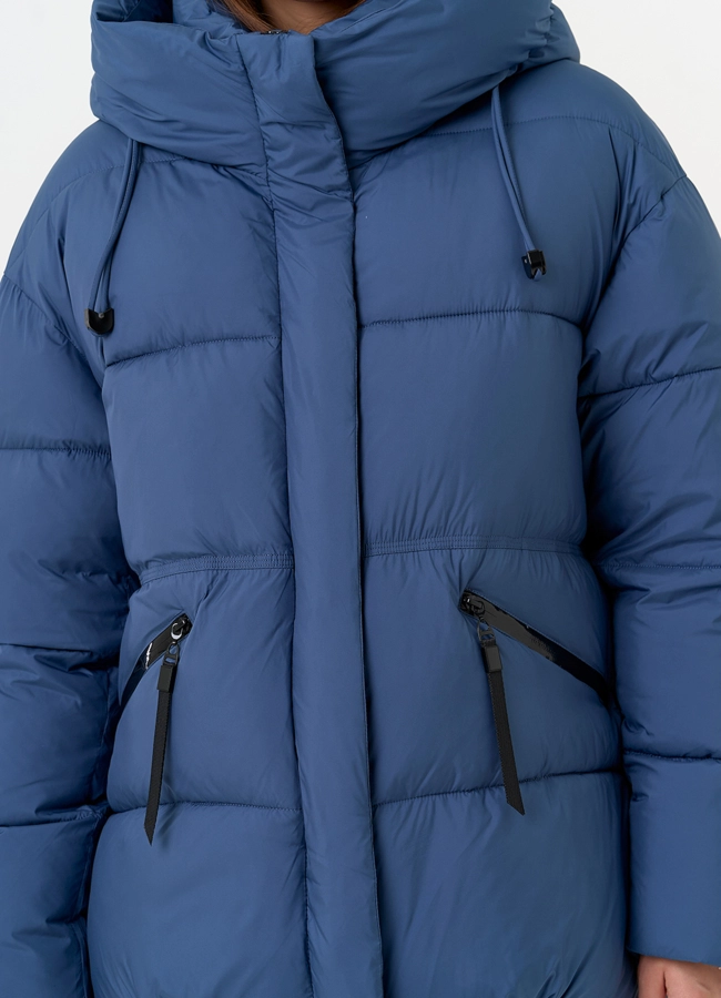 Женский пуховик синего цвета с капюшоном модель № 31534 универмаг малина