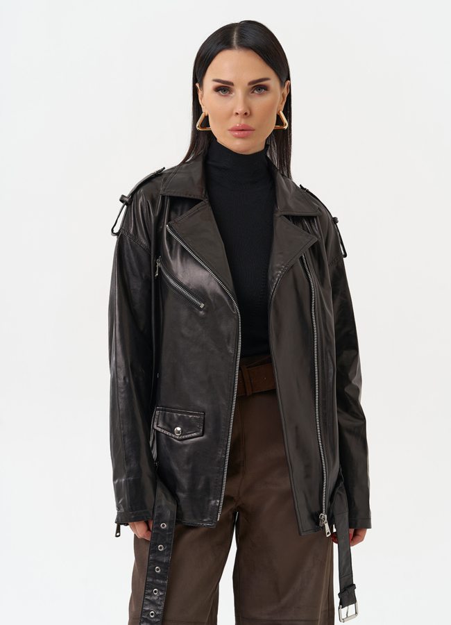 Удлиненная кожаная куртка-косуха модель № 215444 универмаг малина