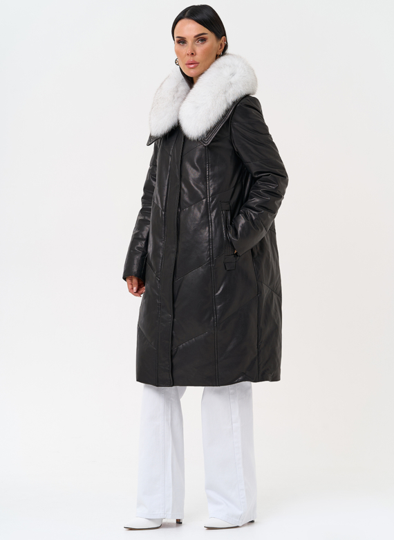 Длинный пуховик из натуральной кожи