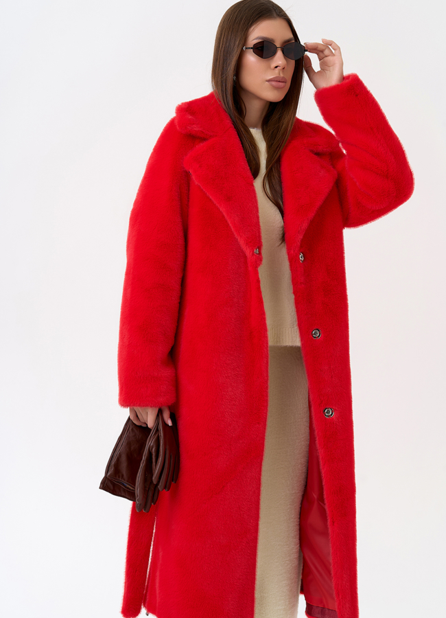 Женское пальто из эко меха с декоративными молниями модель № 31218 универмаг малина