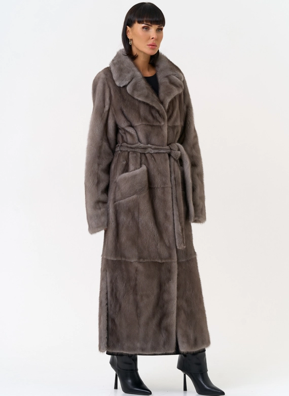 Длинная шуба из меха норки с английским воротником