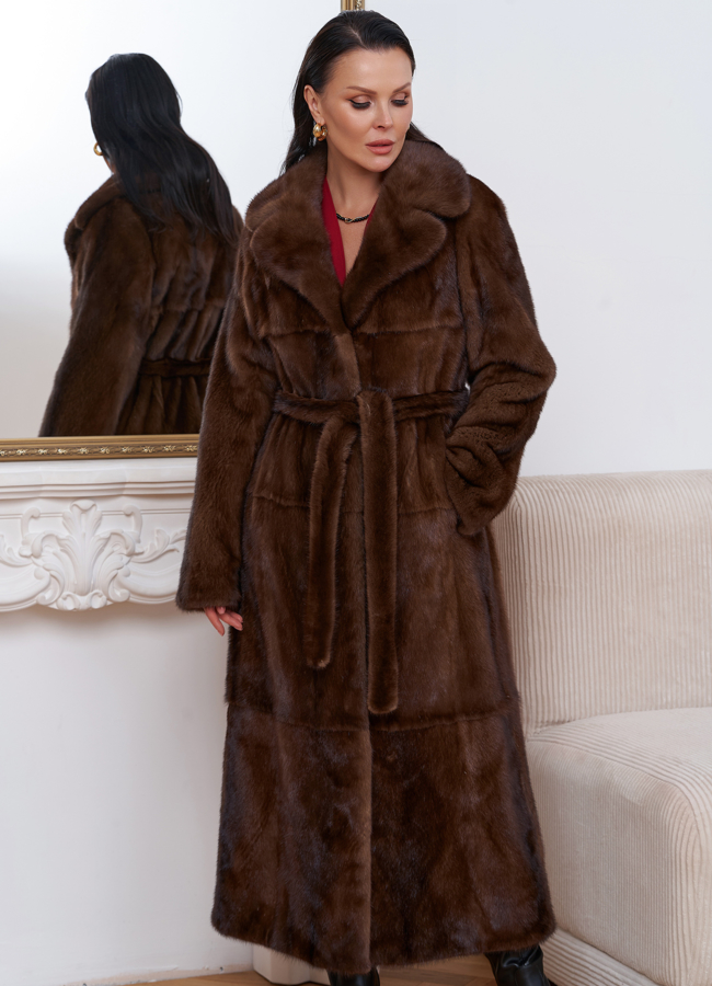 Длинная шуба из меха скандинавской норки модель № 27597 меха малина