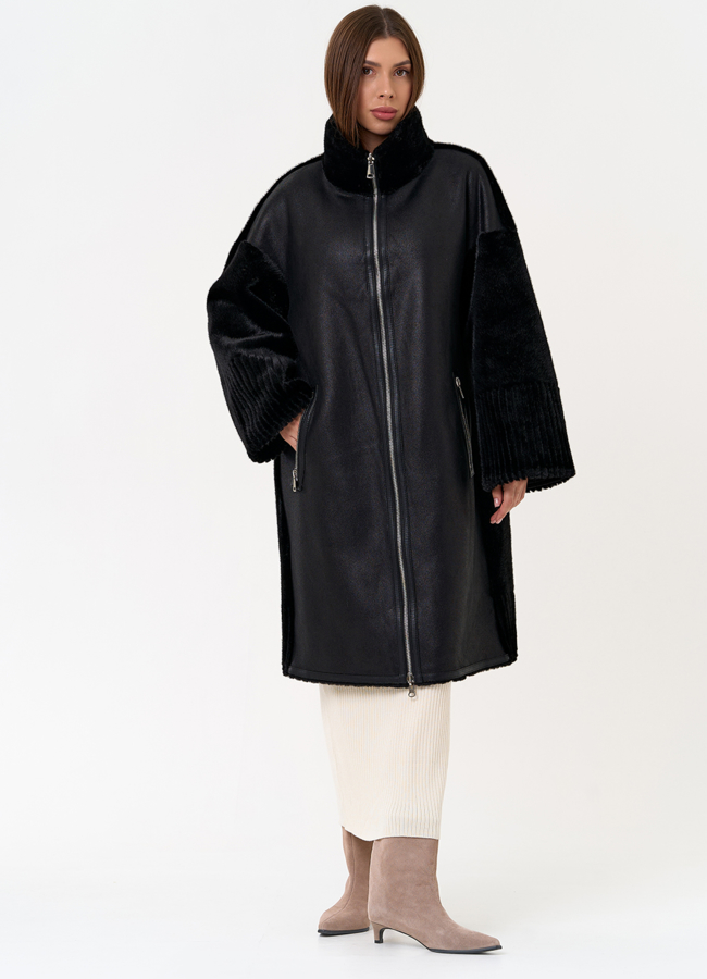 Женская двухсторонняя дубленка из эко замши с воротником стойкой модель № 31412 меха малина