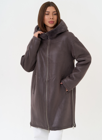 Женская двухсторонняя дубленка из эко замши с капюшоном