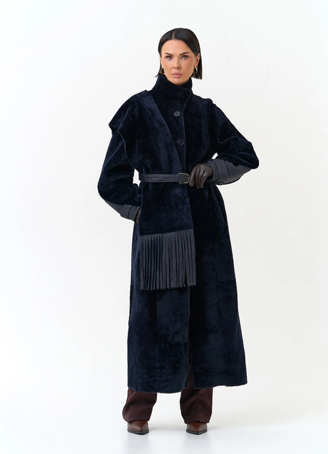 Женская двухсторонняя дубленка с шарфом модель № 34208 меха малина фото