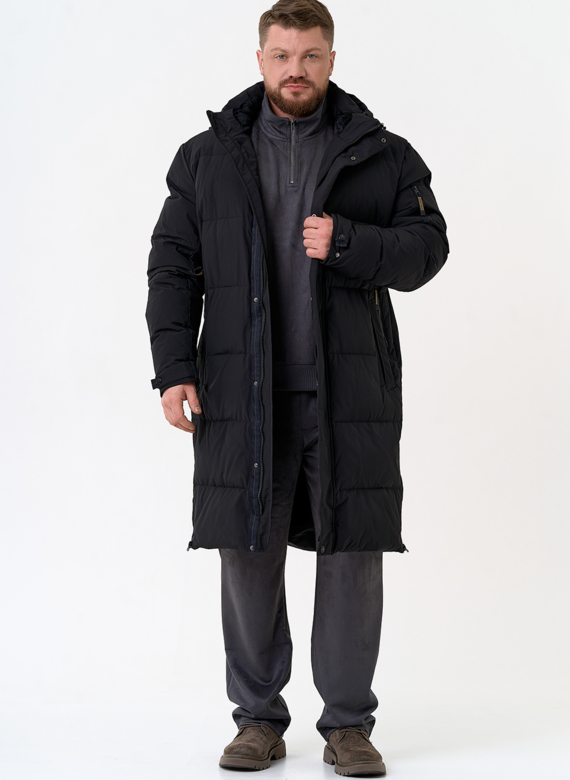 Мужской удлиненный пуховик с капюшоном