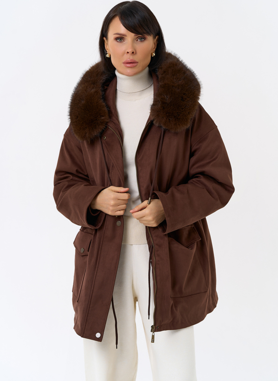 Женская парка из эко замши с капюшоном из эко меха