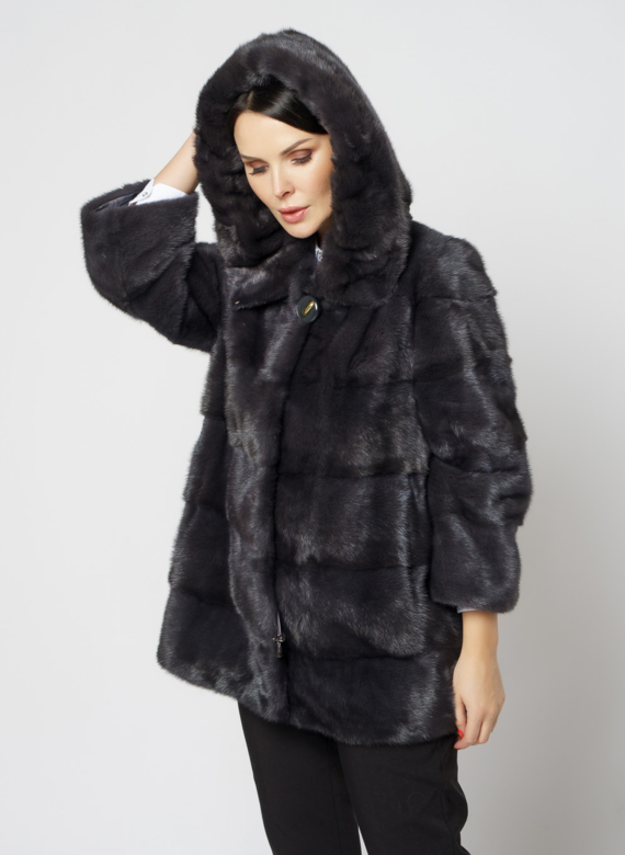 Норковая шуба в цвете графит с капюшоном 
