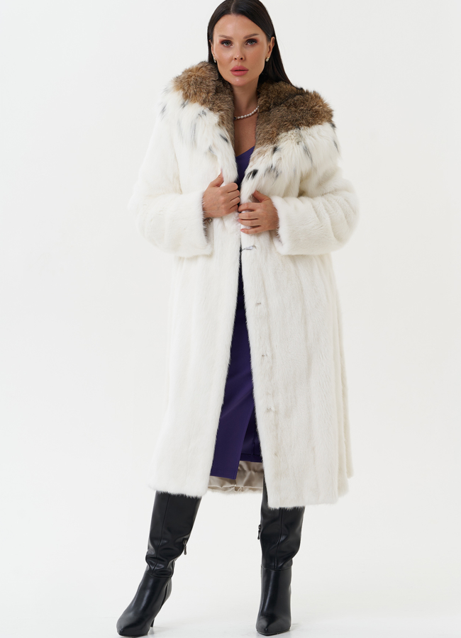 Шуба из белой  норки с капюшоном из рыси модель № 25001 универмаг малина