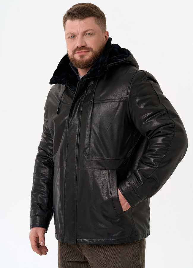 Мужская дубленка черного цвета с капюшоном модель № 31776 универмаг малина