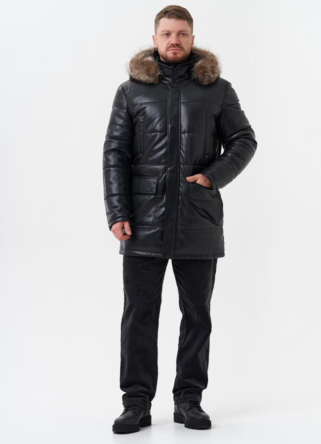 Пуховик из эко кожи с капюшоном из меха енота модель № 28584 в рассрочку