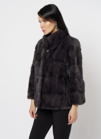 Норковая шуба с воротником стойка в цвете графит