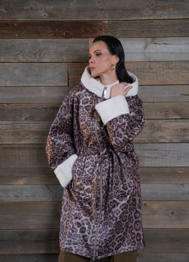 фото Женская дубленка из эко замши с поясом модель № 30203