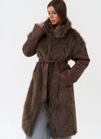 Женская дубленка из эко замши с отделкой из эко меха